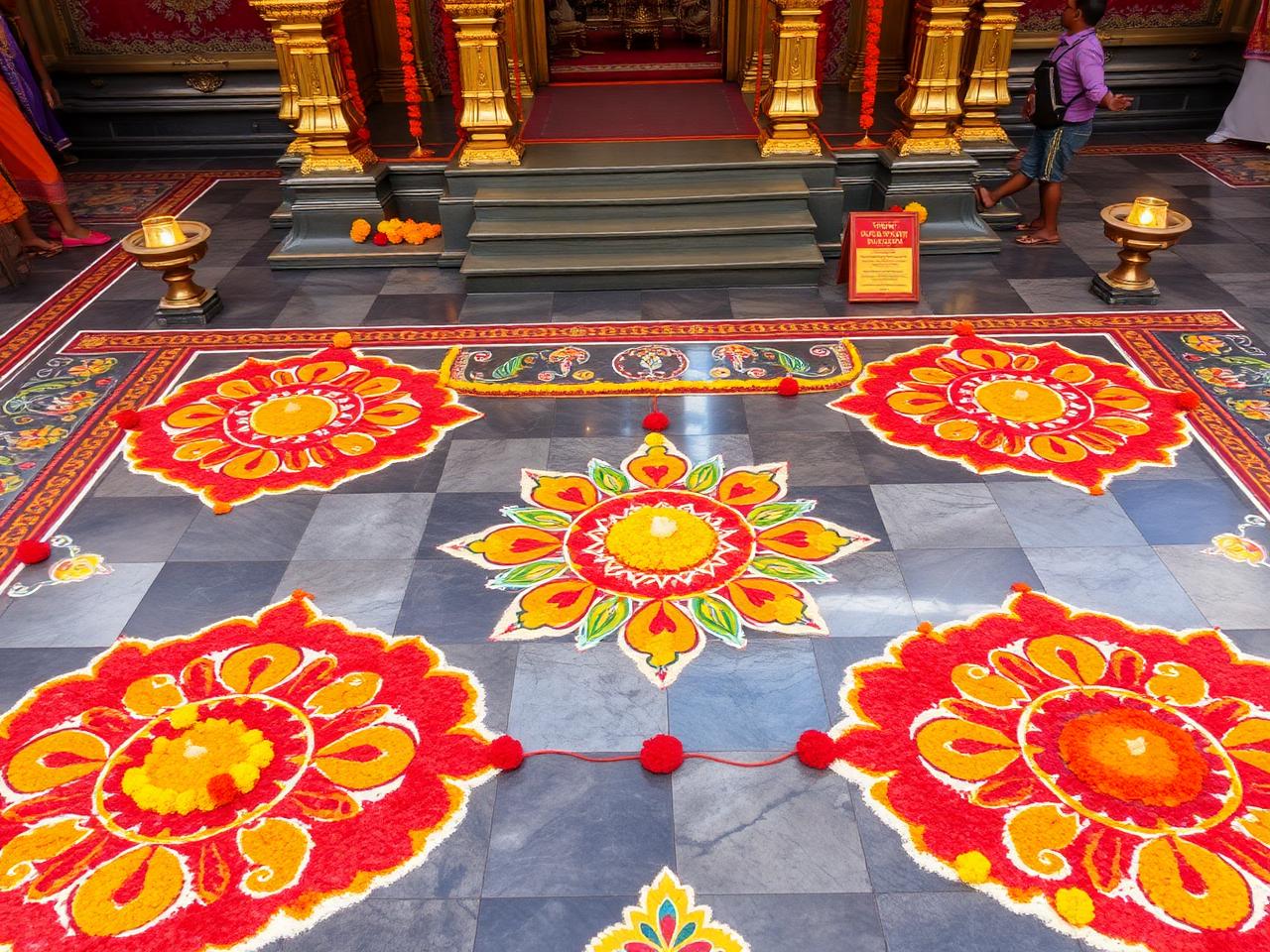 Decorated temple floor with kolam